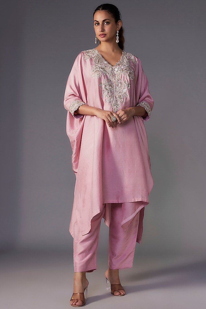 Baby Pink Pure Silk Zardosi Embroidered Kaftan Set by Mrunalini Rao at Pernia's Pop Up Shop