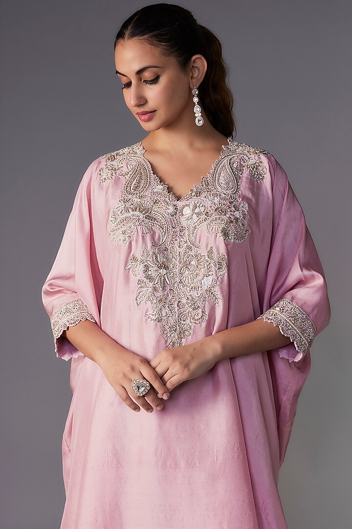 Baby Pink Pure Silk Zardosi Embroidered Kaftan Set by Mrunalini Rao at Pernia's Pop Up Shop