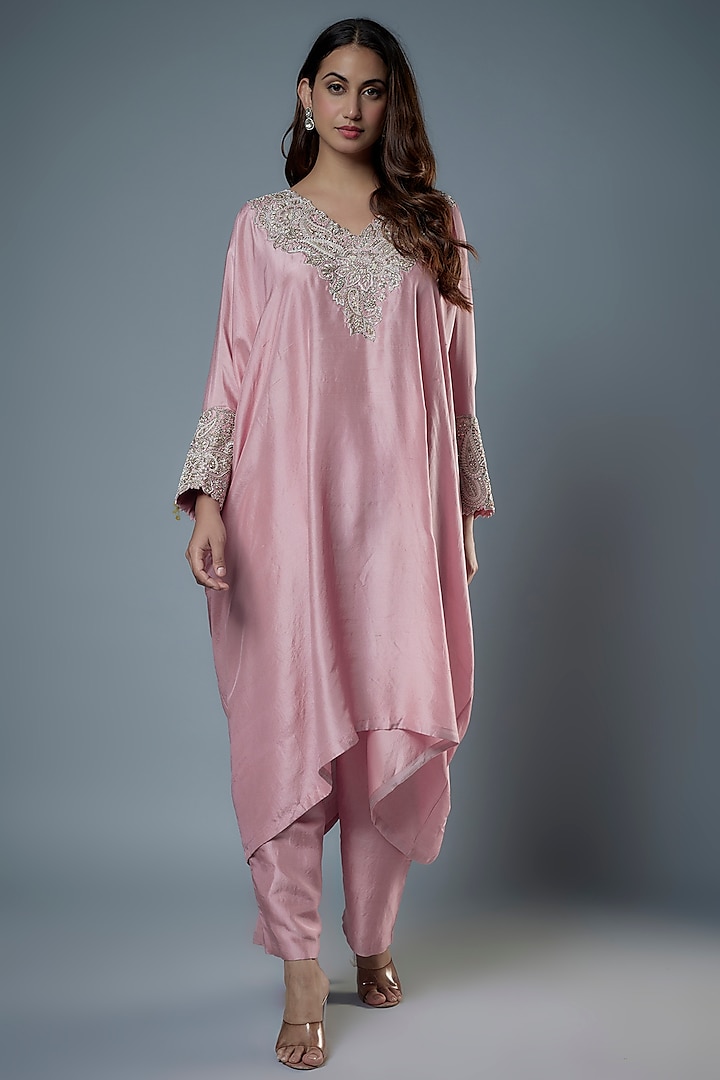 Baby Pink Pure Silk Zardosi Embroidered Kaftan Set by Mrunalini Rao at Pernia's Pop Up Shop