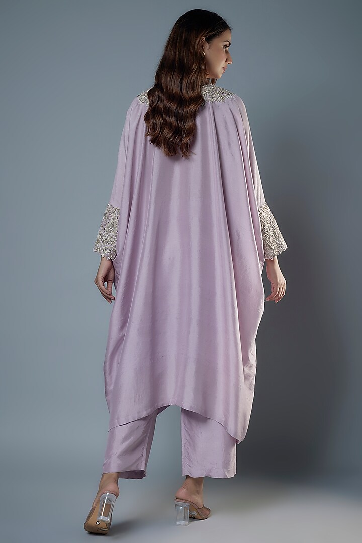 Pearl-Lilac Pure Silk Zardosi Embroidered Kaftan Set by Mrunalini Rao at Pernia's Pop Up Shop