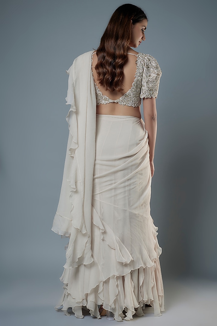 Ivory Chiffon Ruffled Reception Saree Set by Mrunalini Rao at Pernia's Pop Up Shop
