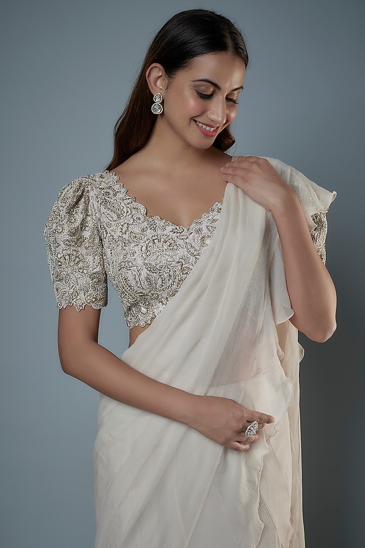 Ivory Chiffon Ruffled Reception Saree Set by Mrunalini Rao at Pernia's Pop Up Shop