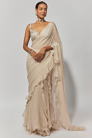 Ivory Chiffon Ruffled Saree Set by Mrunalini Rao