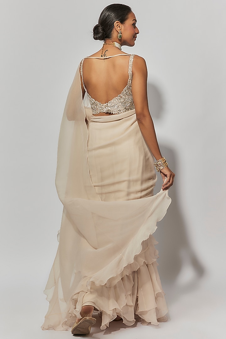 Ivory Chiffon Ruffled Reception Saree Set by Mrunalini Rao at Pernia's Pop Up Shop