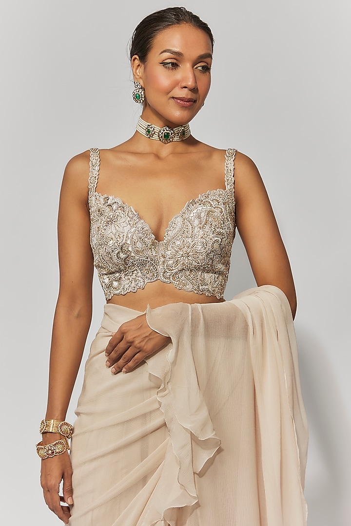 Ivory Chiffon Ruffled Reception Saree Set by Mrunalini Rao at Pernia's Pop Up Shop