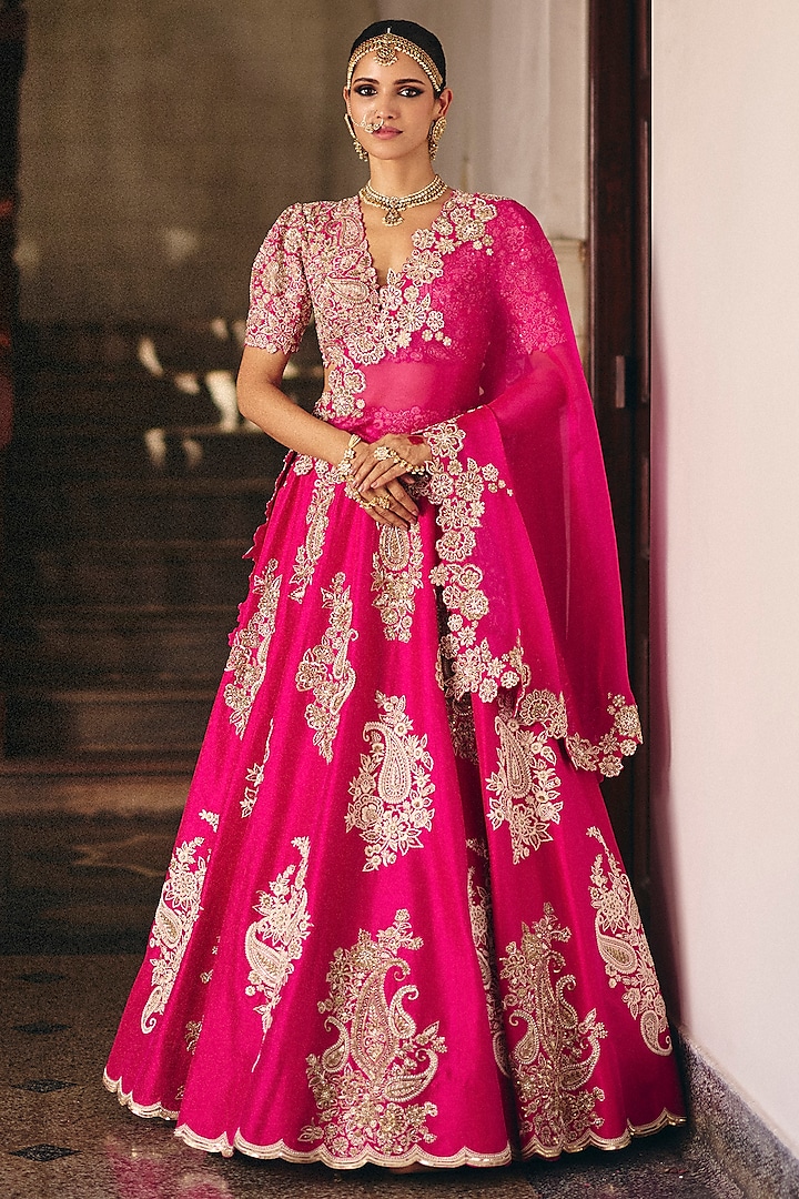 Fuchsia Pink Pure Silk Resham & Zardosi Hand Embroidered Lehenga Set by Mrunalini Rao