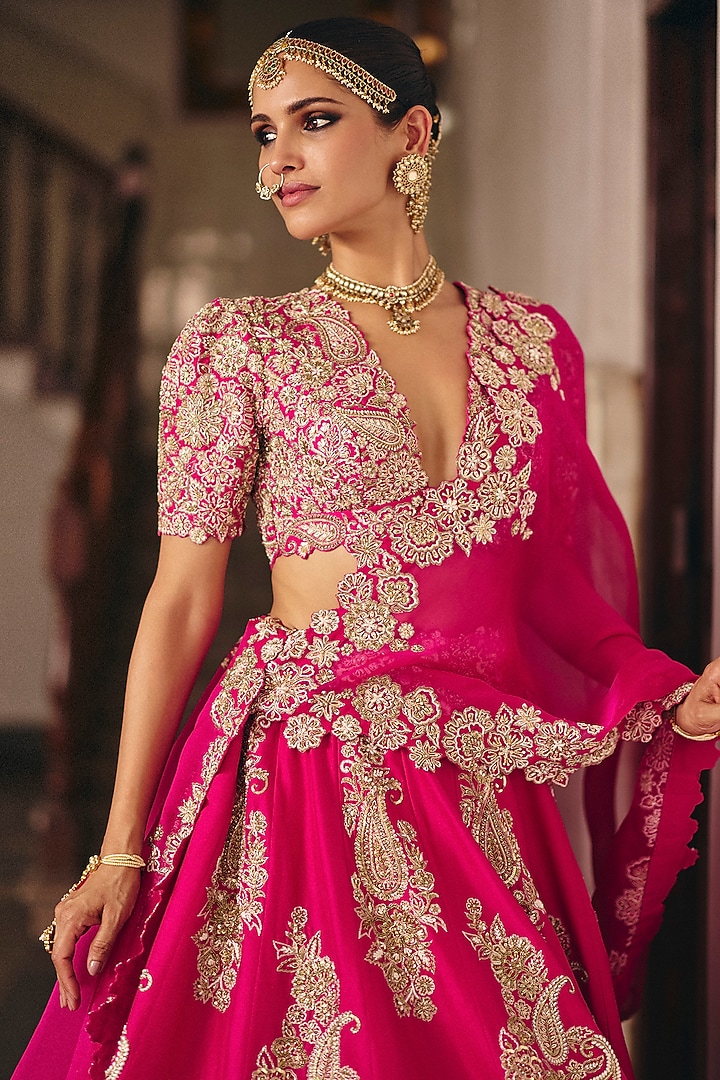 Fuchsia Pink Pure Silk Resham & Zardosi Hand Embroidered Bridal Lehenga Set by Mrunalini Rao at Pernia's Pop Up Shop