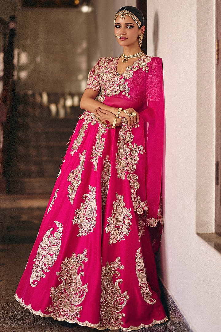 Fuchsia Pink Pure Silk Resham & Zardosi Hand Embroidered Bridal Lehenga Set by Mrunalini Rao at Pernia's Pop Up Shop