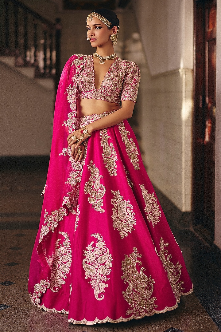 Fuchsia Pink Pure Silk Resham & Zardosi Hand Embroidered Bridal Lehenga Set by Mrunalini Rao at Pernia's Pop Up Shop