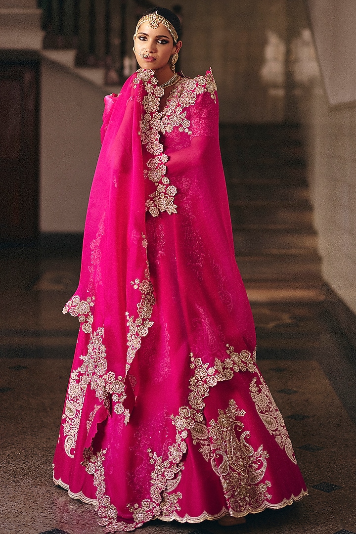 Fuchsia Pink Pure Silk Resham & Zardosi Hand Embroidered Bridal Lehenga Set by Mrunalini Rao at Pernia's Pop Up Shop