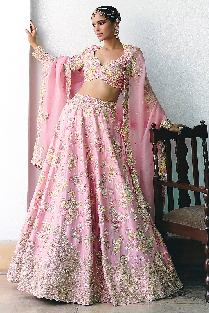 Baby Pink Pure Silk Resham & Zardosi Hand Embroidered Bridal Lehenga Set by Mrunalini Rao at Pernia's Pop Up Shop
