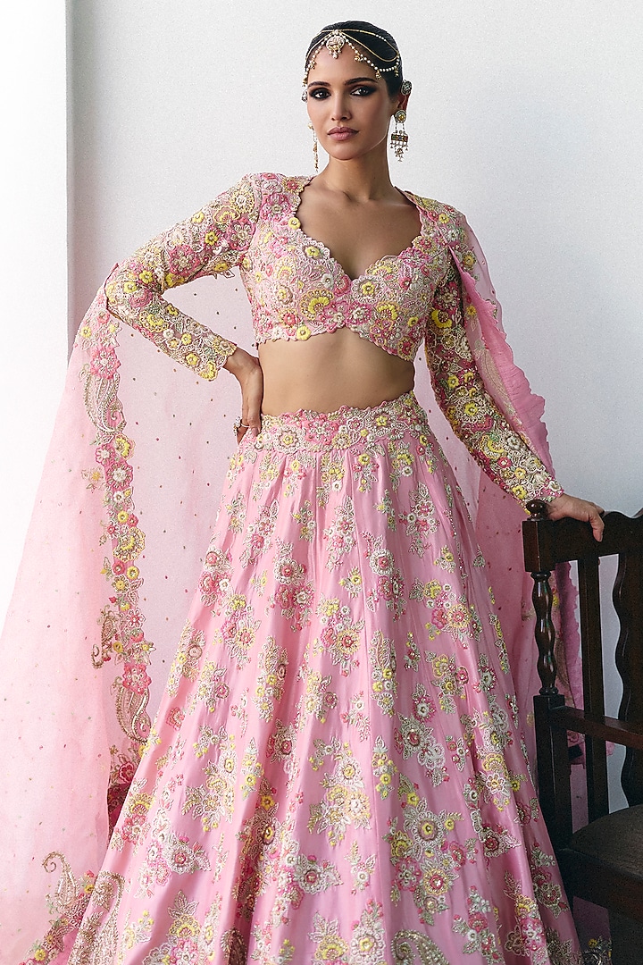 Baby Pink Pure Silk Resham & Zardosi Hand Embroidered Bridal Lehenga Set by Mrunalini Rao at Pernia's Pop Up Shop