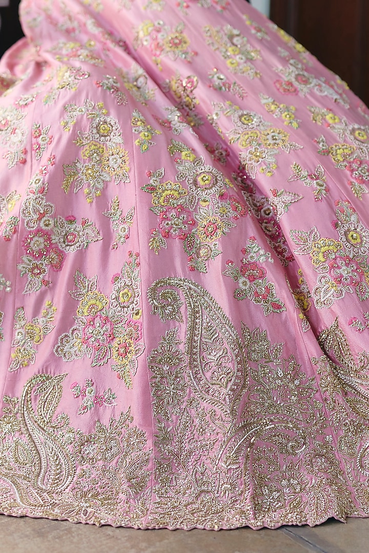 Baby Pink Pure Silk Resham & Zardosi Hand Embroidered Bridal Lehenga Set by Mrunalini Rao at Pernia's Pop Up Shop