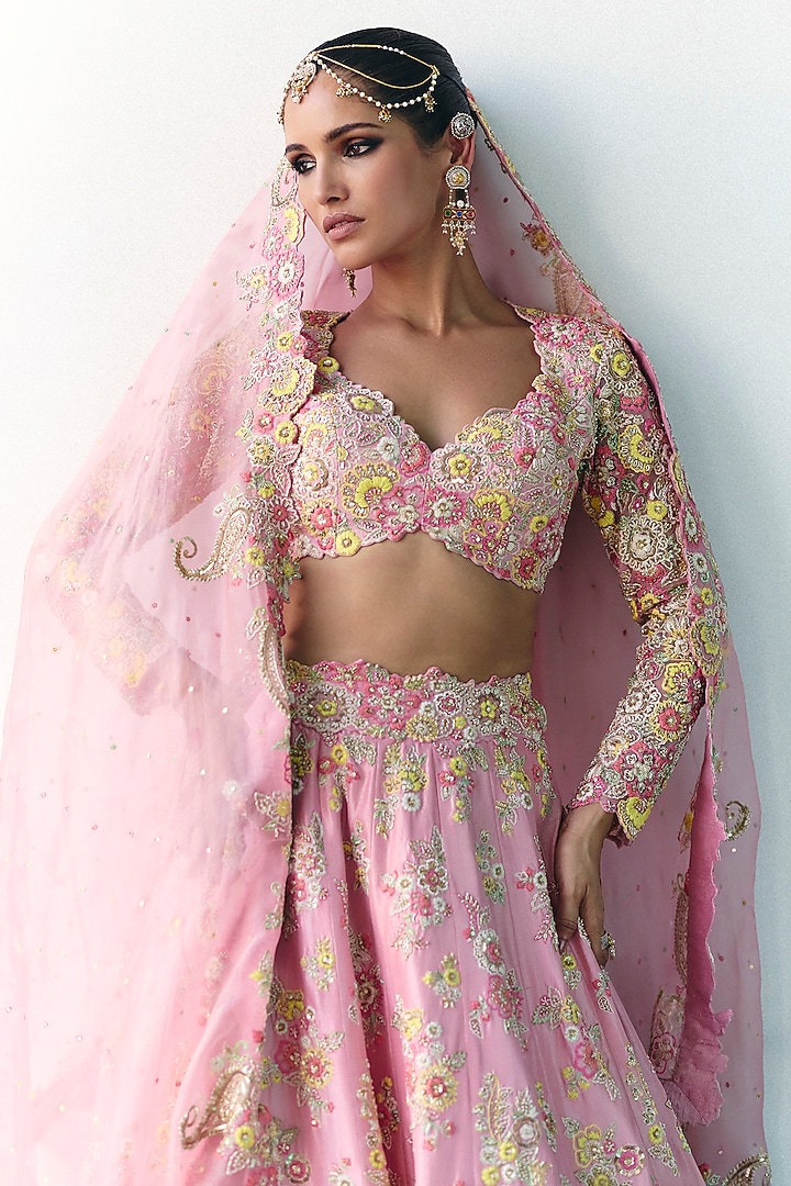 Baby Pink Pure Silk Resham & Zardosi Hand Embroidered Bridal Lehenga Set by Mrunalini Rao at Pernia's Pop Up Shop