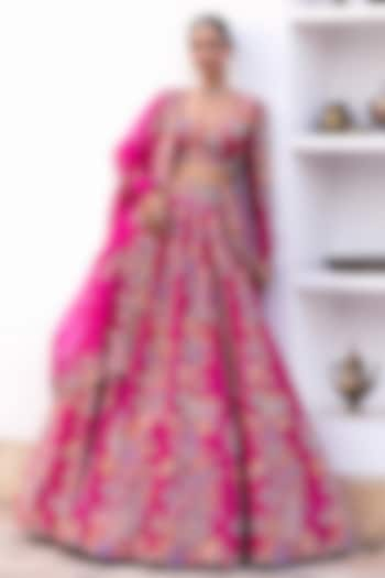 Fuchsia Pink Pure Silk Resham & Zardosi Hand Embroidered Lehenga Set by Mrunalini Rao