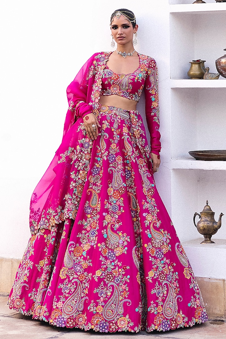 Fuchsia Pink Pure Silk Resham & Zardosi Hand Embroidered Lehenga Set by Mrunalini Rao