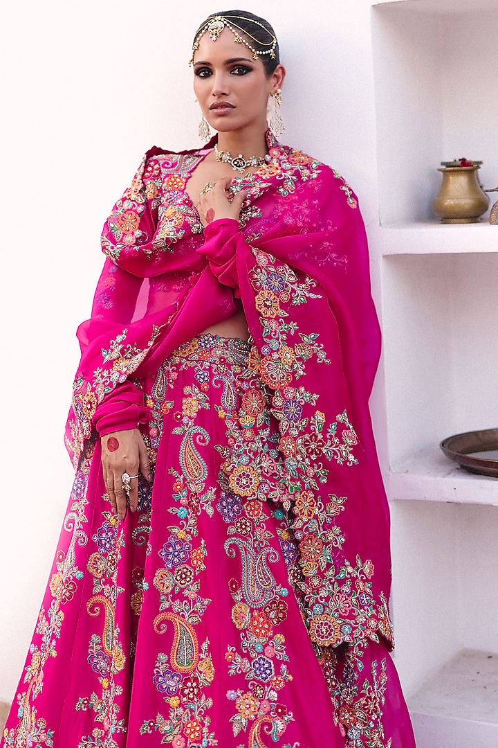 Fuchsia Pink Pure Silk Resham & Zardosi Hand Embroidered Bridal Lehenga Set by Mrunalini Rao at Pernia's Pop Up Shop
