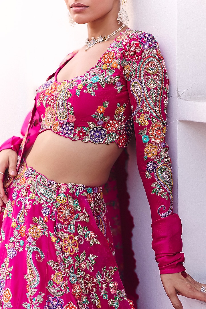 Fuchsia Pink Pure Silk Resham & Zardosi Hand Embroidered Bridal Lehenga Set by Mrunalini Rao at Pernia's Pop Up Shop