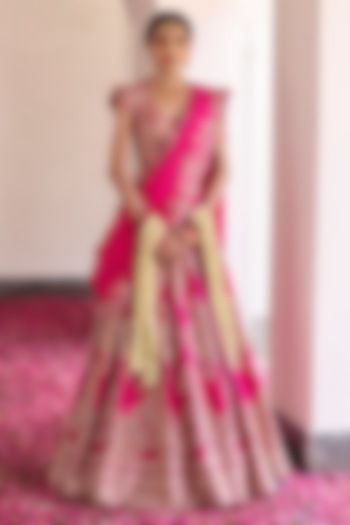 Fuchsia Pink Pure Silk Pearl & Zardosi Hand Embroidered Bridal Lehenga Set by Mrunalini Rao at Pernia's Pop Up Shop