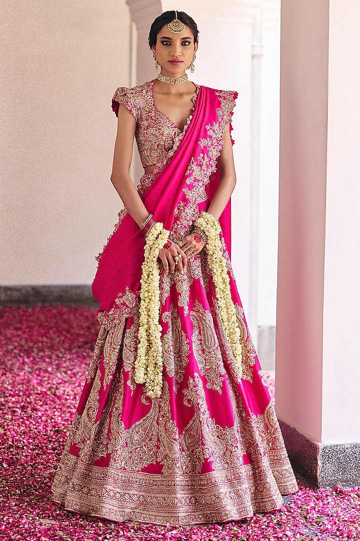 Fuchsia Pink Pure Silk Pearl & Zardosi Hand Embroidered Bridal Lehenga Set by Mrunalini Rao at Pernia's Pop Up Shop