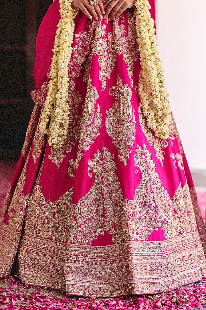 Fuchsia Pink Pure Silk Pearl & Zardosi Hand Embroidered Bridal Lehenga Set by Mrunalini Rao at Pernia's Pop Up Shop