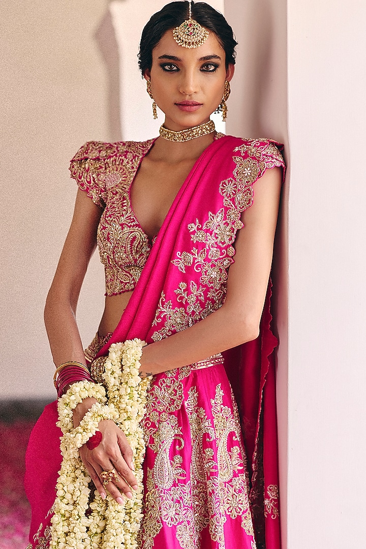 Fuchsia Pink Pure Silk Pearl & Zardosi Hand Embroidered Bridal Lehenga Set by Mrunalini Rao at Pernia's Pop Up Shop