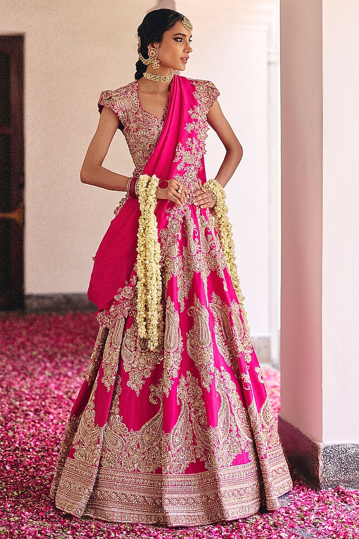 Fuchsia Pink Pure Silk Pearl & Zardosi Hand Embroidered Bridal Lehenga Set by Mrunalini Rao at Pernia's Pop Up Shop