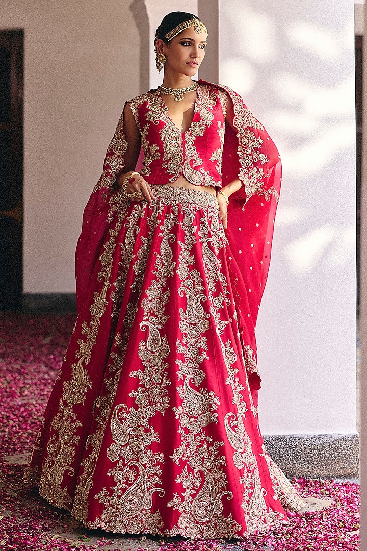Red Pure Silk Pearl & Zardosi Hand Embroidered Bridal Lehenga Set by Mrunalini Rao at Pernia's Pop Up Shop
