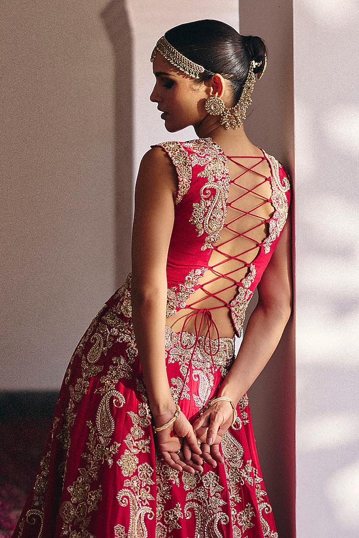 Red Pure Silk Pearl & Zardosi Hand Embroidered Bridal Lehenga Set by Mrunalini Rao at Pernia's Pop Up Shop