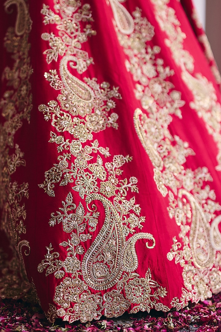 Red Pure Silk Pearl & Zardosi Hand Embroidered Bridal Lehenga Set by Mrunalini Rao at Pernia's Pop Up Shop
