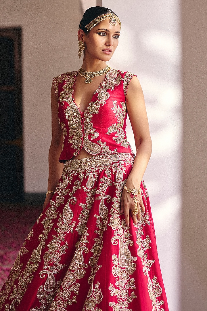 Red Pure Silk Pearl & Zardosi Hand Embroidered Bridal Lehenga Set by Mrunalini Rao at Pernia's Pop Up Shop