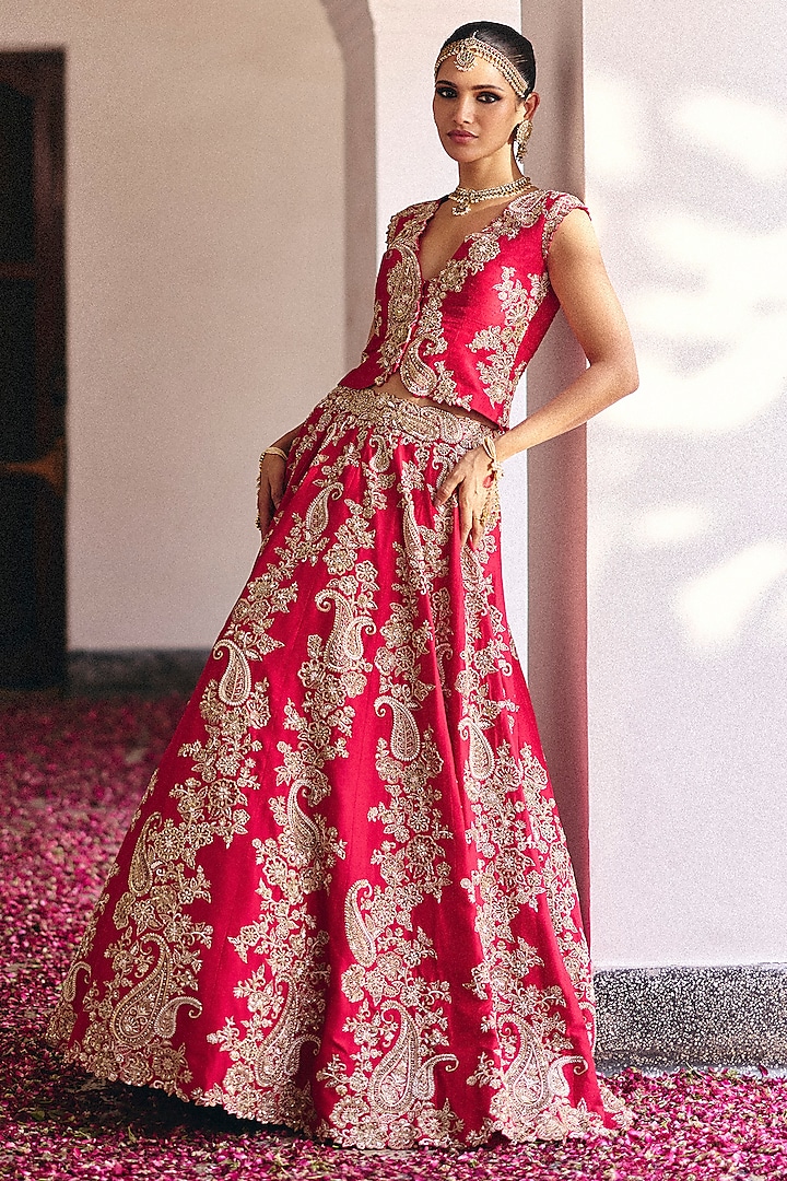 Red Pure Silk Pearl & Zardosi Hand Embroidered Bridal Lehenga Set by Mrunalini Rao at Pernia's Pop Up Shop