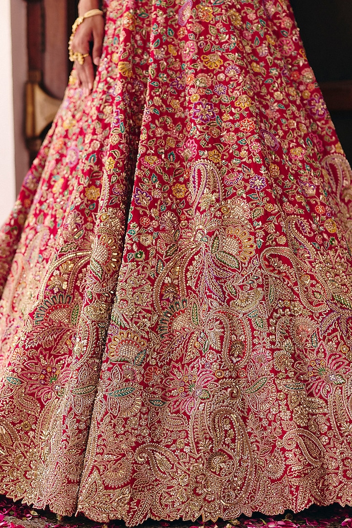 Red Raw Silk Resham & Zardosi Hand Embroidered Bridal Lehenga Set by Mrunalini Rao at Pernia's Pop Up Shop
