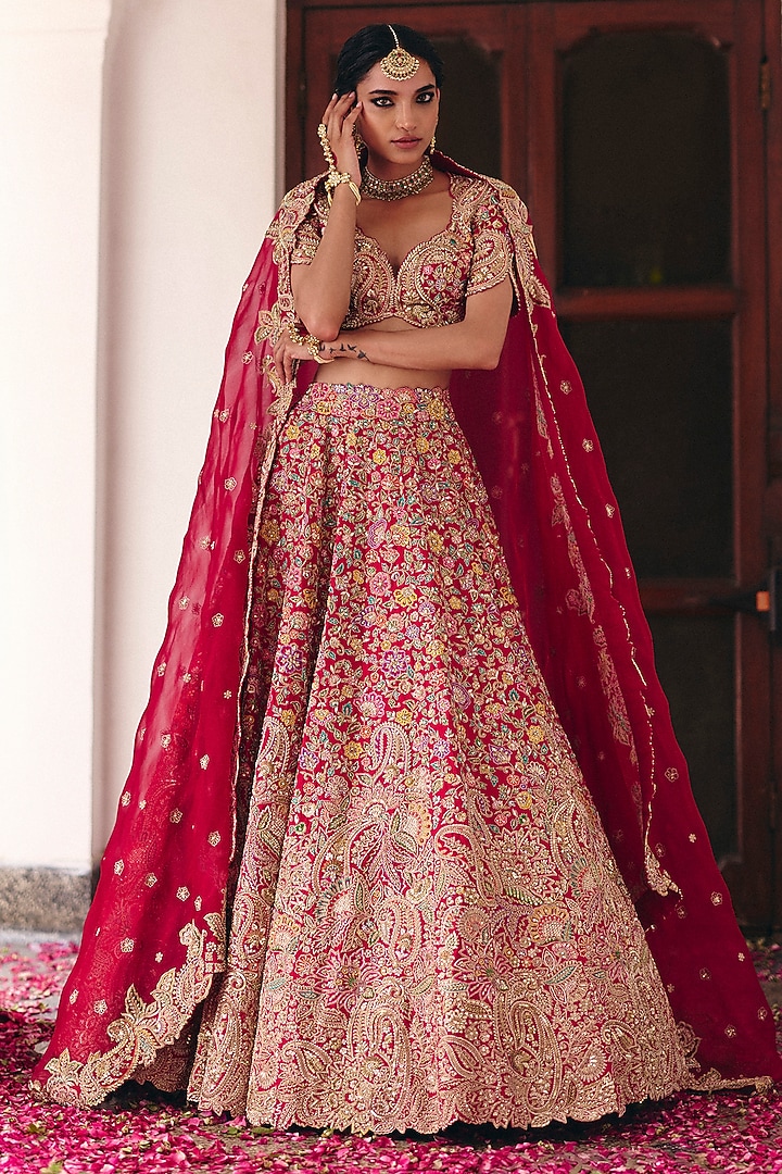 Red Raw Silk Resham & Zardosi Hand Embroidered Bridal Lehenga Set by Mrunalini Rao at Pernia's Pop Up Shop