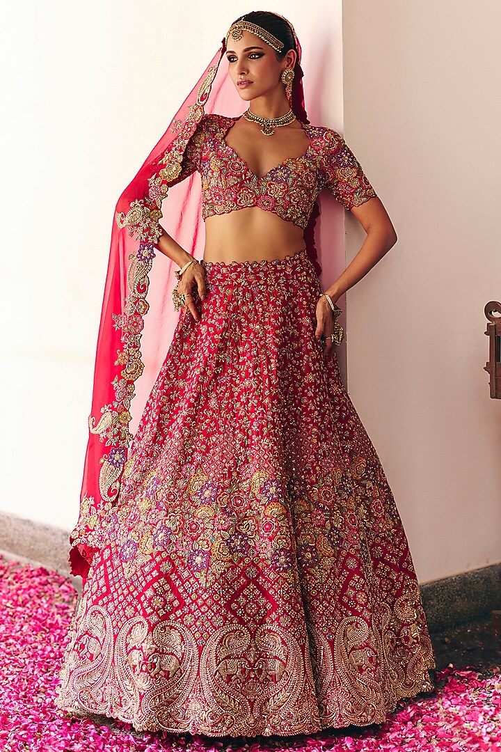 Red Raw Silk Resham & Zardosi Hand Embroidered Bridal lehenga for 22 Lehenga Set by Mrunalini Rao at Pernia's Pop Up Shop