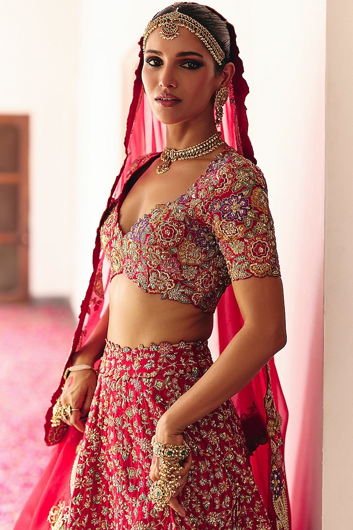 Red Raw Silk Resham & Zardosi Hand Embroidered Bridal Lehenga Set by Mrunalini Rao at Pernia's Pop Up Shop