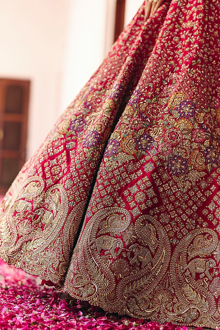 Red Raw Silk Resham & Zardosi Hand Embroidered Bridal Lehenga Set by Mrunalini Rao at Pernia's Pop Up Shop