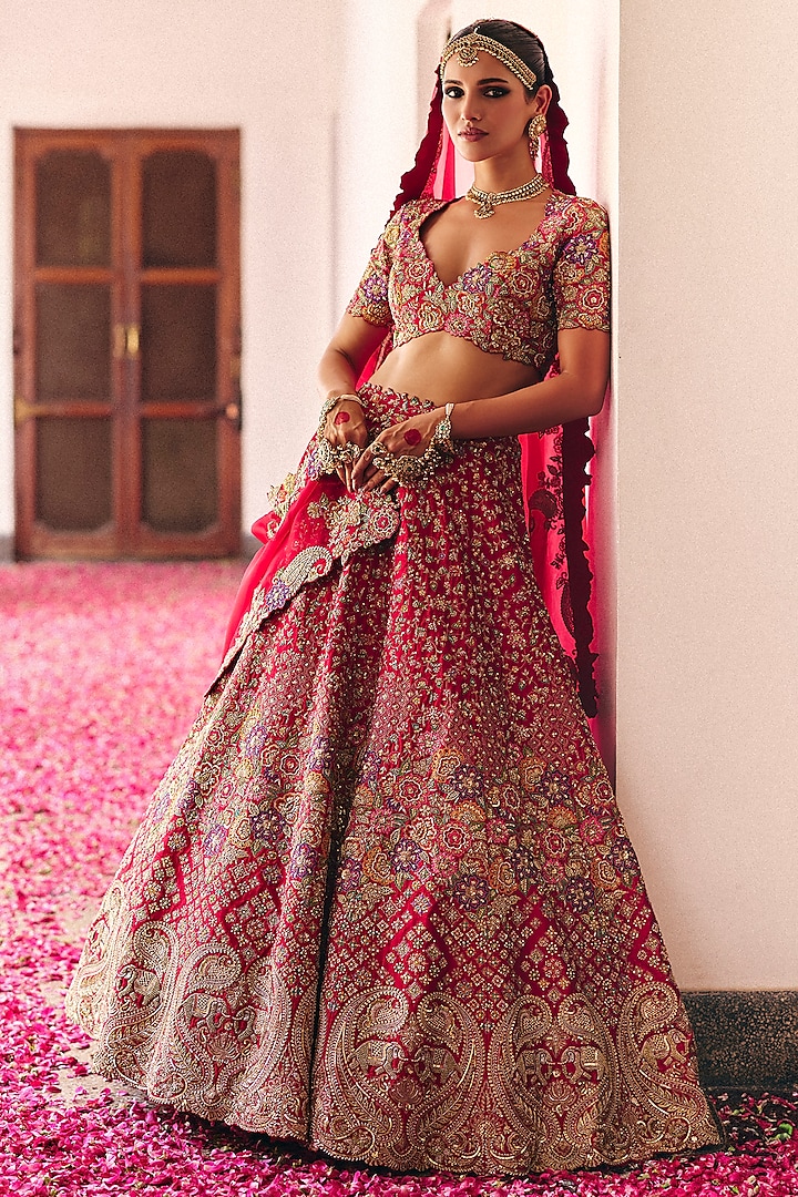 Red Raw Silk Resham & Zardosi Hand Embroidered Bridal Lehenga Set by Mrunalini Rao at Pernia's Pop Up Shop
