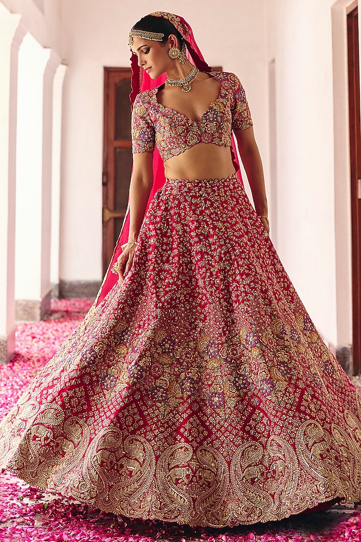 Red Raw Silk Resham & Zardosi Hand Embroidered Bridal Lehenga Set by Mrunalini Rao at Pernia's Pop Up Shop