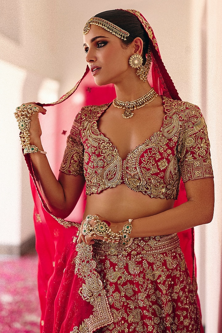 Red Raw Silk Pearl & Zardosi Hand Embroidered Bridal Lehenga Set by Mrunalini Rao at Pernia's Pop Up Shop