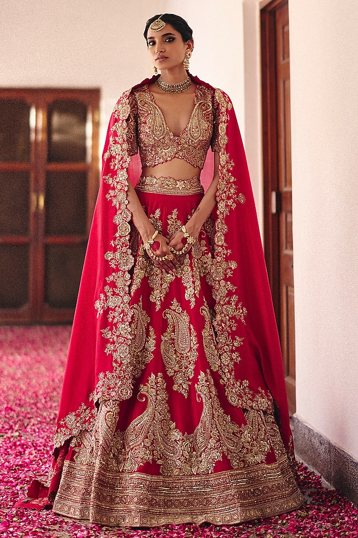 Red Pure Silk Zardosi Hand Embroidered Bridal Lehenga Set by Mrunalini Rao at Pernia's Pop Up Shop