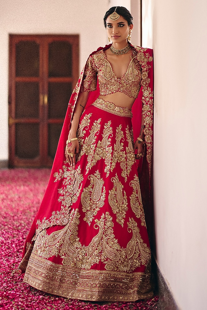 Red Pure Silk Zardosi Hand Embroidered Bridal Lehenga Set by Mrunalini Rao at Pernia's Pop Up Shop