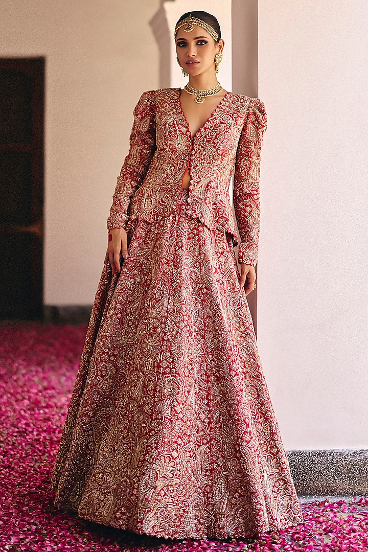Red Raw Silk Pearl & Zardosi Hand Embroidered Jacket Bridal Lehenga Set by Mrunalini Rao at Pernia's Pop Up Shop