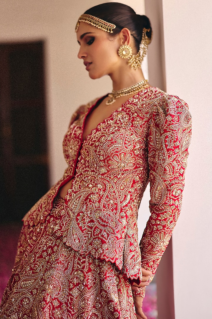 Red Raw Silk Pearl & Zardosi Hand Embroidered Jacket Bridal Lehenga Set by Mrunalini Rao at Pernia's Pop Up Shop