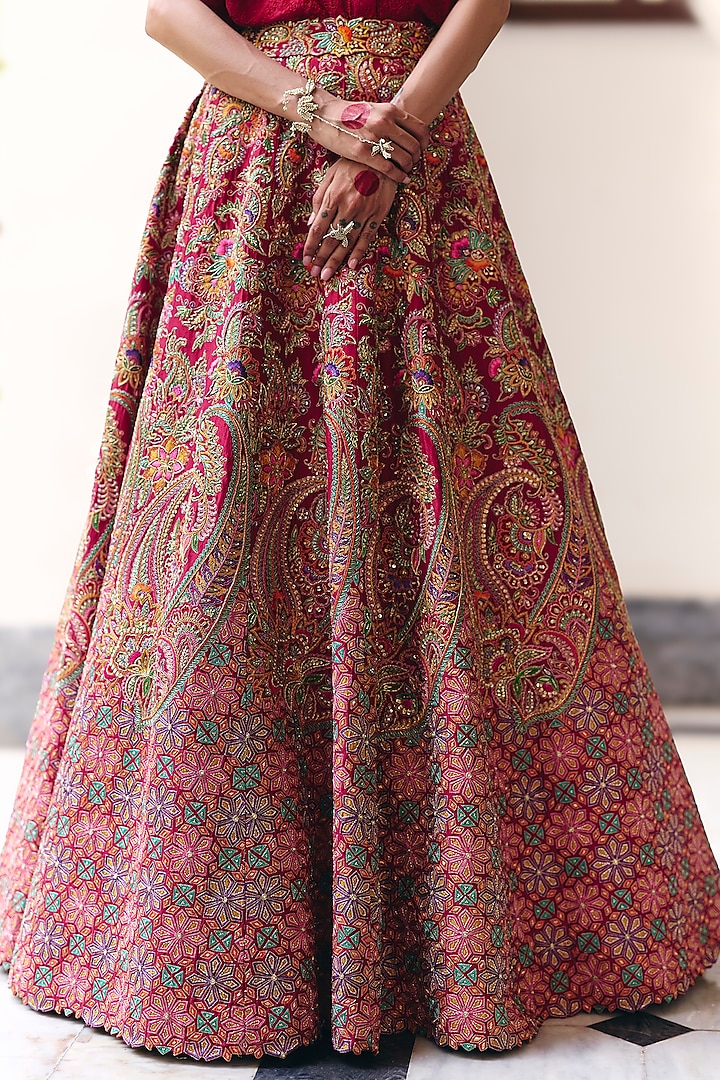 Maroon Pure Silk Resham & Zardosi Hand Embroidered Bridal Lehenga Set by Mrunalini Rao at Pernia's Pop Up Shop