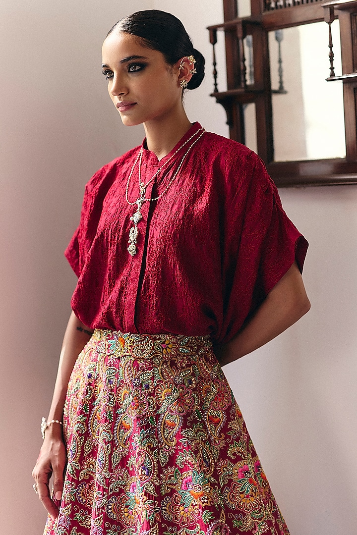 Maroon Pure Silk Resham & Zardosi Hand Embroidered Bridal Lehenga Set by Mrunalini Rao at Pernia's Pop Up Shop