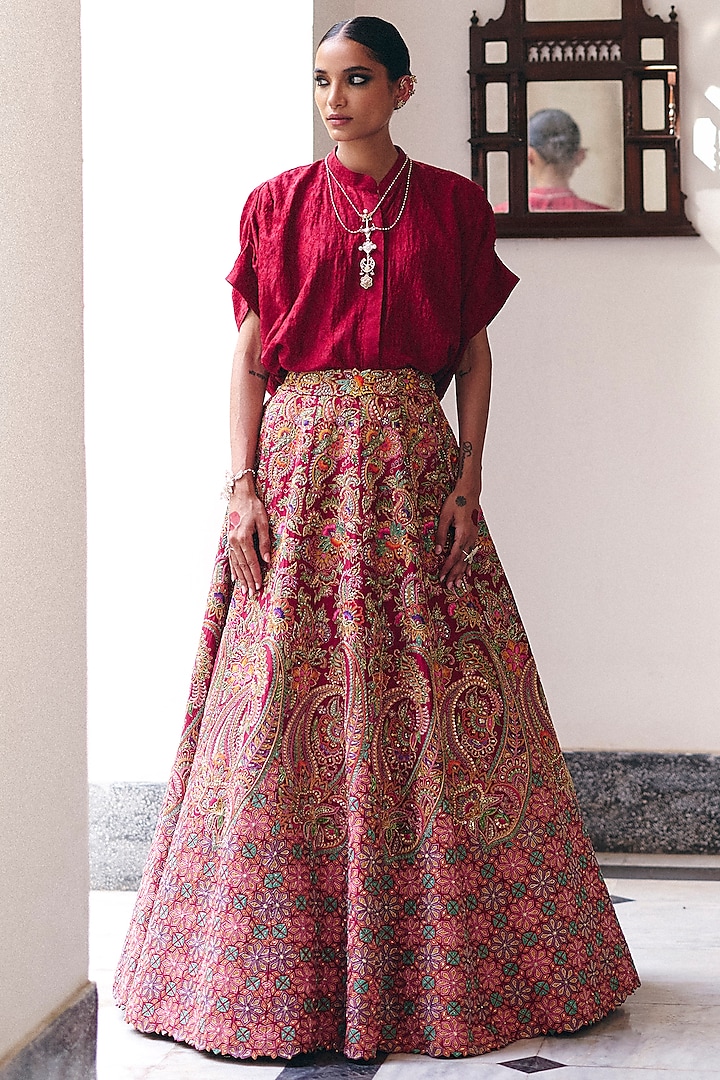 Maroon Pure Silk Resham & Zardosi Hand Embroidered Bridal Lehenga Set by Mrunalini Rao at Pernia's Pop Up Shop