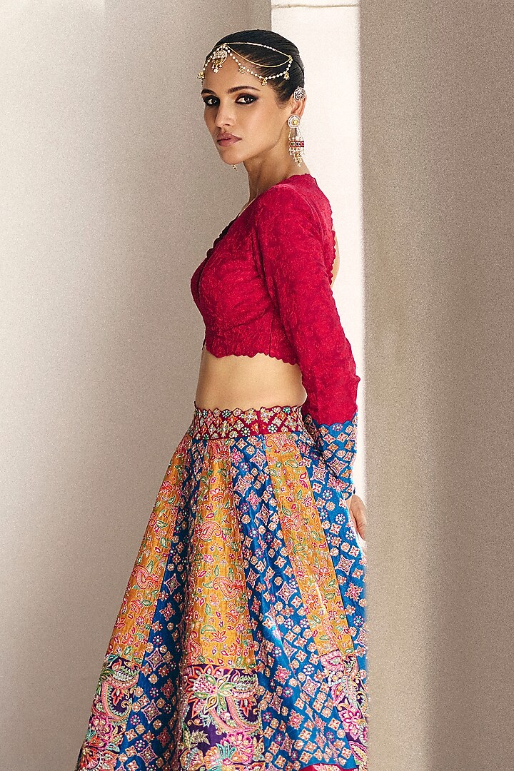 Multi-Colored Raw Silk Resham & Zardosi Hand Embroidered Bridal Lehenga Set by Mrunalini Rao at Pernia's Pop Up Shop