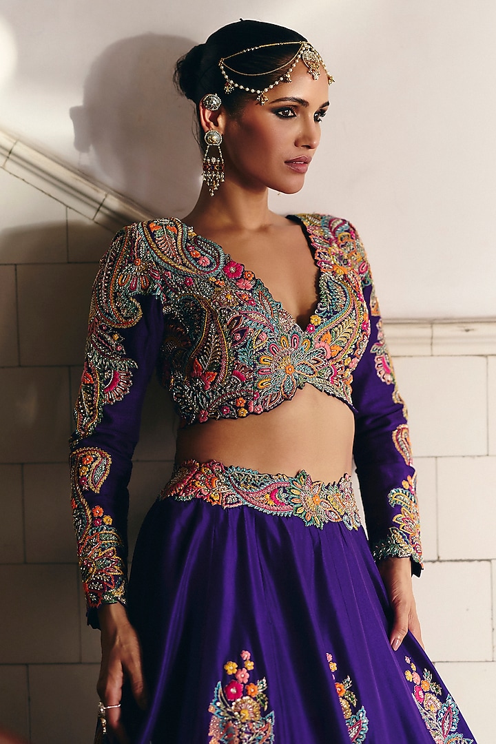 Purple Pure Silk Resham & Zardosi Hand Embroidered Bridal Lehenga Set by Mrunalini Rao at Pernia's Pop Up Shop