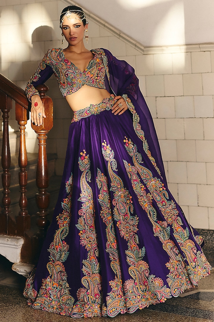 Purple Pure Silk Resham & Zardosi Hand Embroidered Lehenga Set by Mrunalini Rao